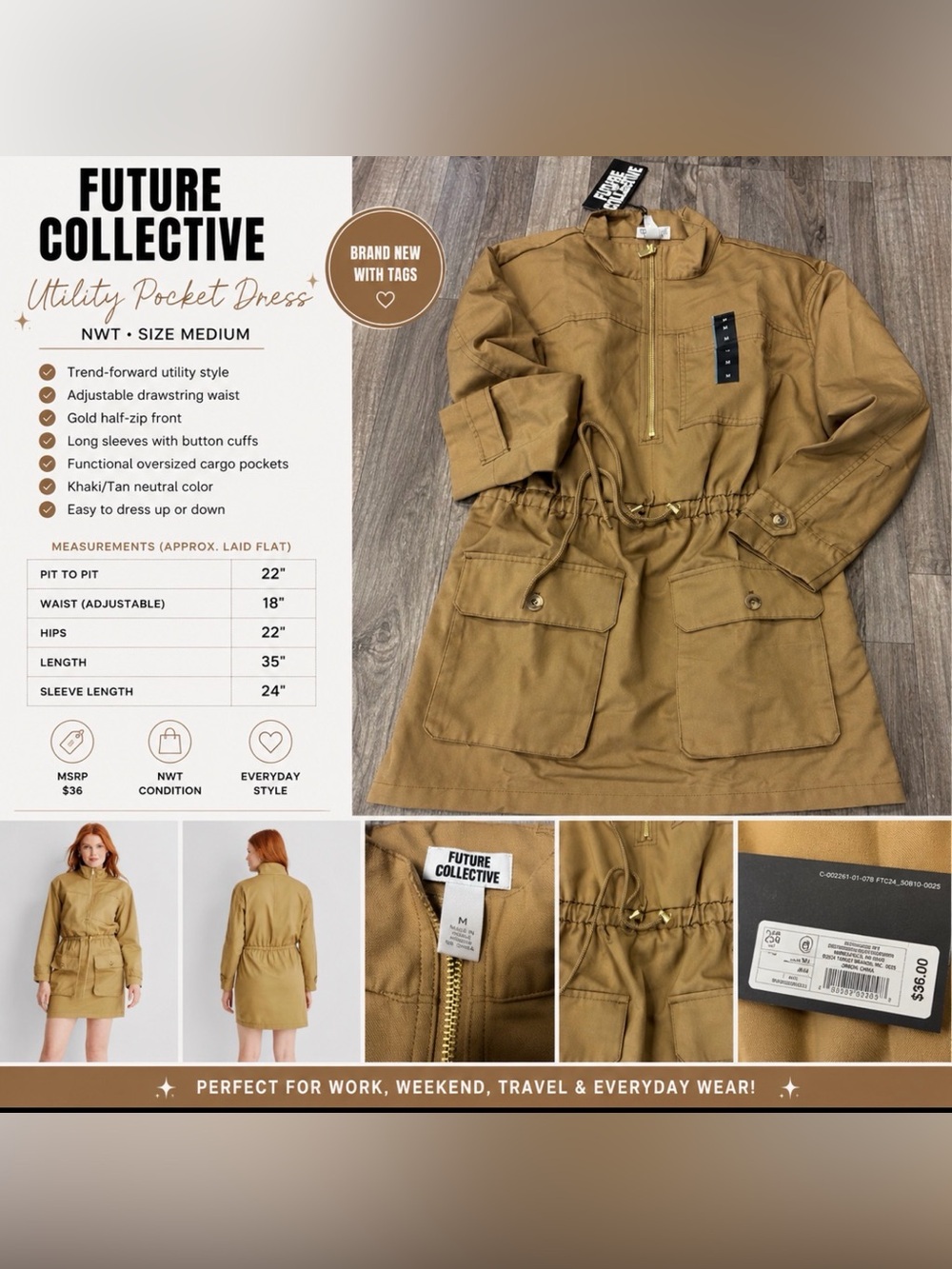 Future Collective Utility Pocket Dress NWT Size Med Khaki Drawstring Cargo Dress
